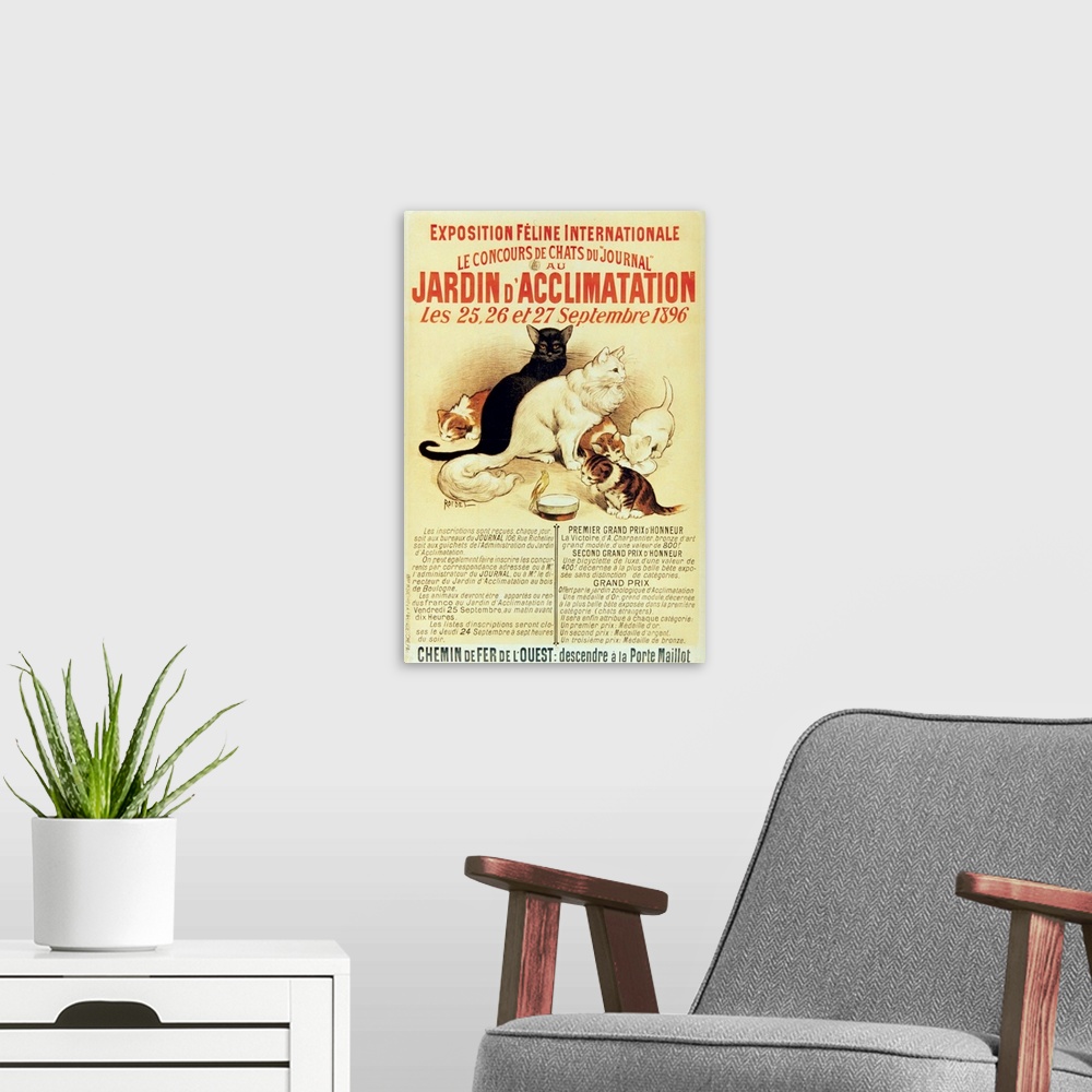 A modern room featuring Vintage poster advertisement for Exposition Feline.