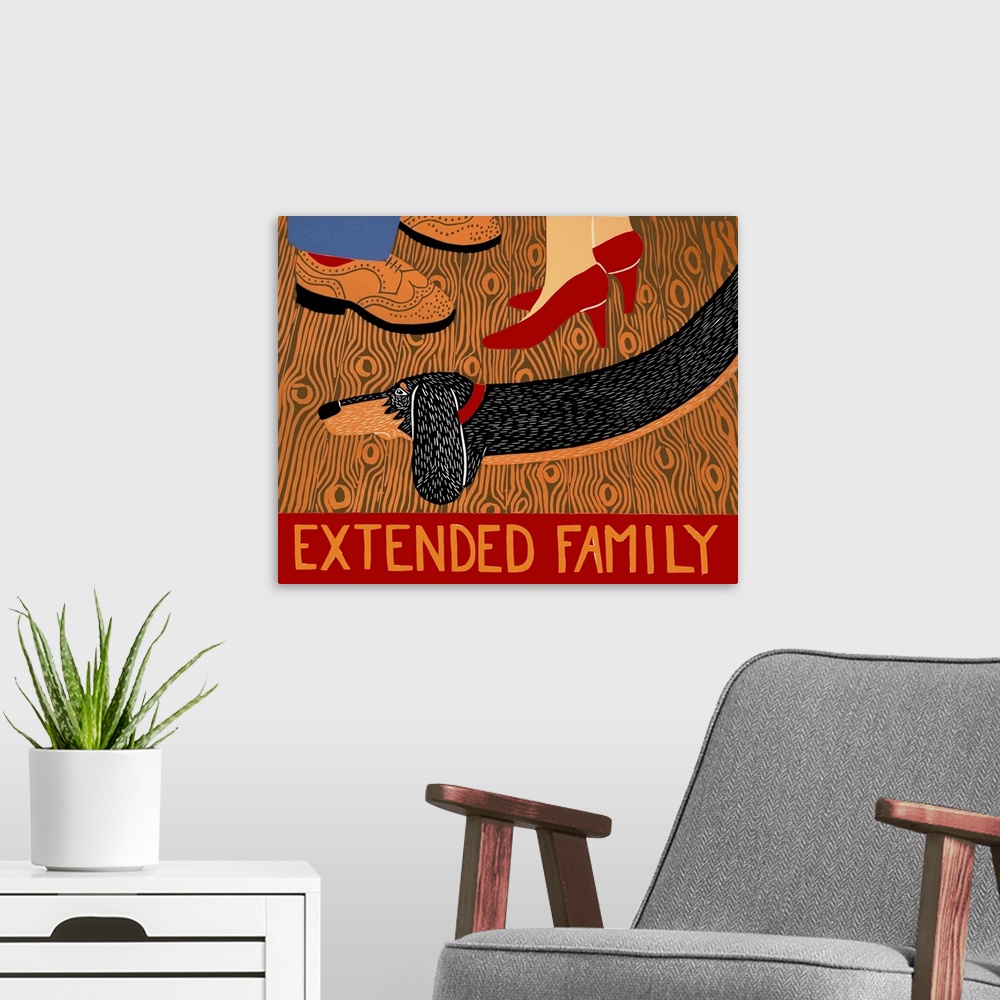 A modern room featuring Illustration of a long dachshund at its owners feet and the phrase "Extended Family" written at t...