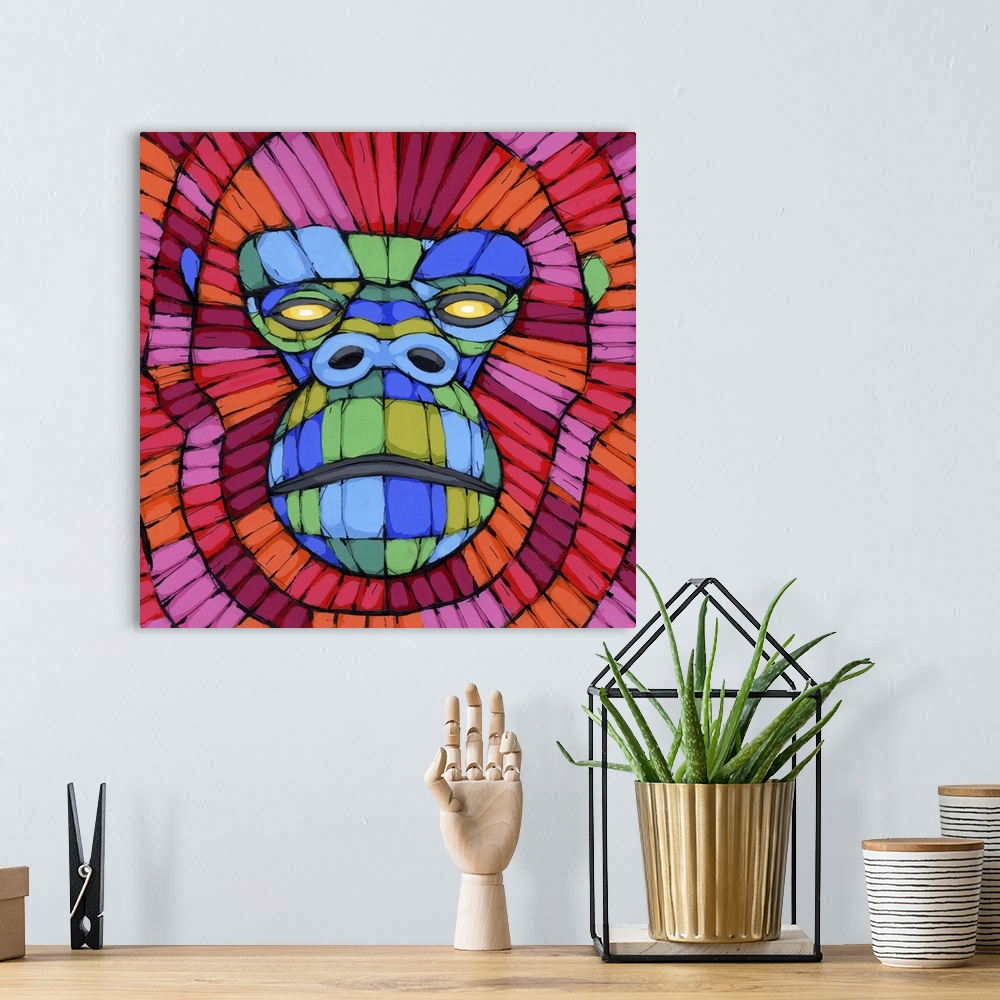 A bohemian room featuring Pop art painting of a portrait of a gorilla in vivid colors.