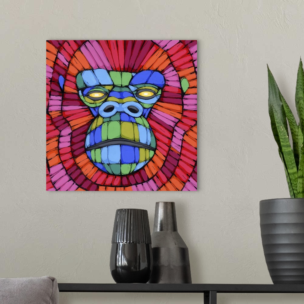 A modern room featuring Pop art painting of a portrait of a gorilla in vivid colors.