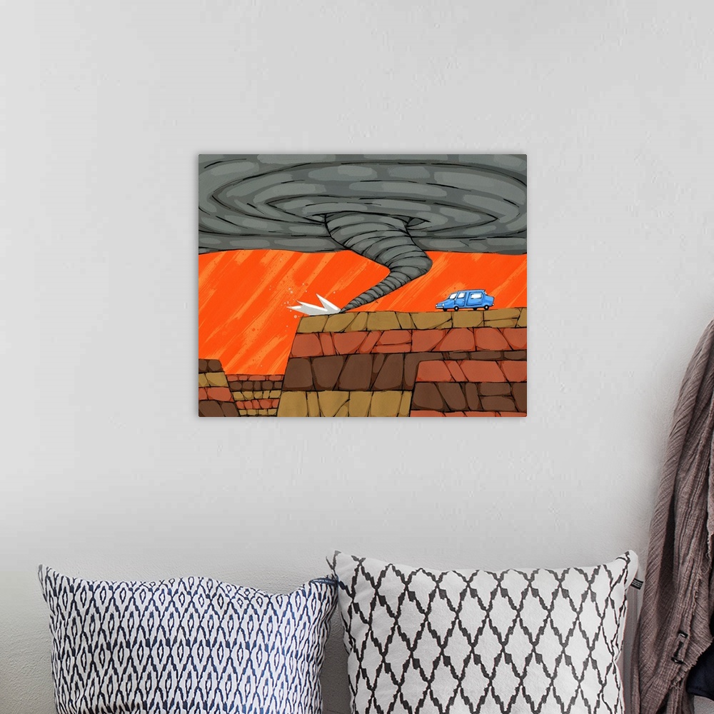 A bohemian room featuring Painting of a car driving towards the end of a canyon cliff and a large grey tornado.