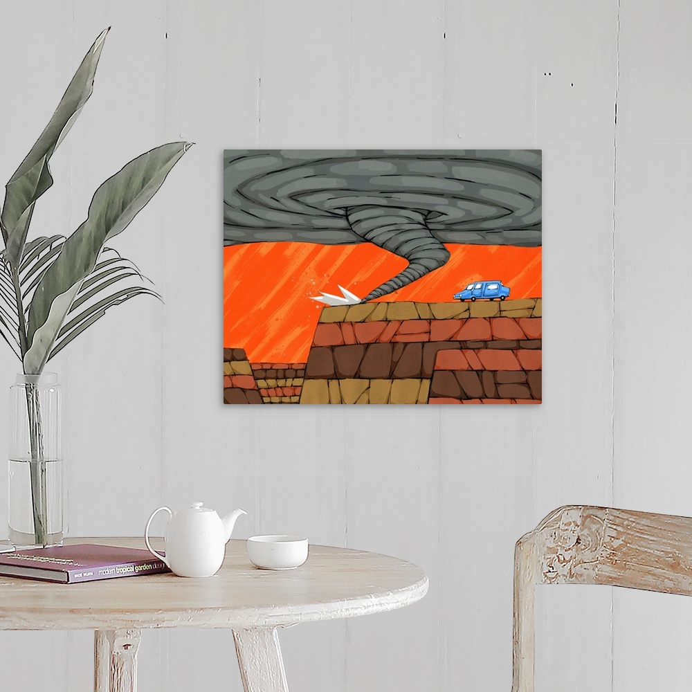 A farmhouse room featuring Painting of a car driving towards the end of a canyon cliff and a large grey tornado.
