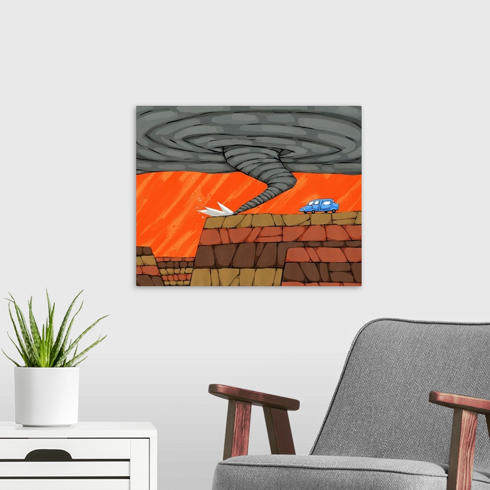 A modern room featuring Painting of a car driving towards the end of a canyon cliff and a large grey tornado.