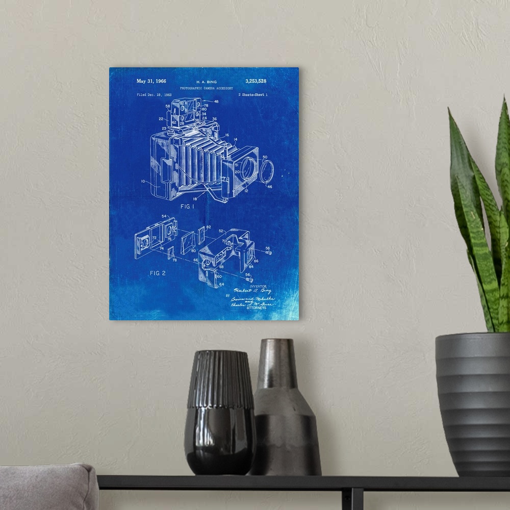 A modern room featuring Faded Blueprint 1966 Camera Accessory Poster