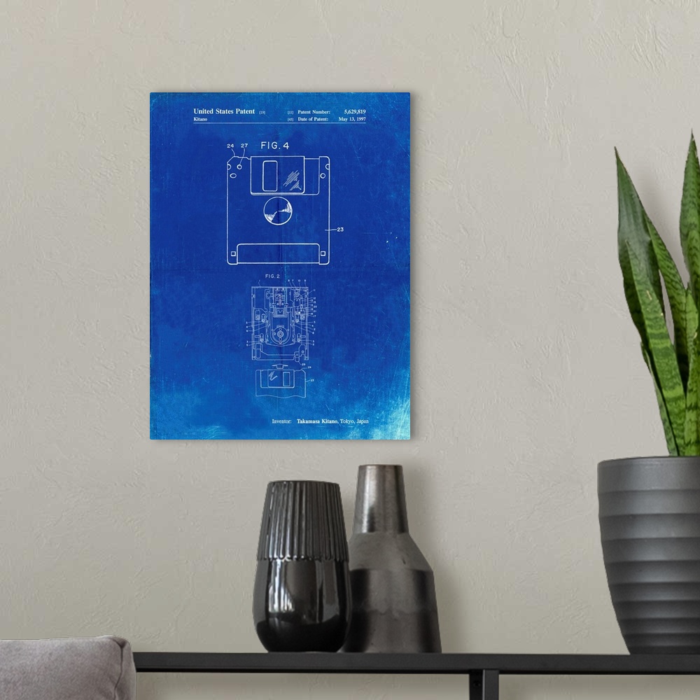 A modern room featuring Faded Blueprint 3 1/2 Inch Floppy Disk Patent Poster