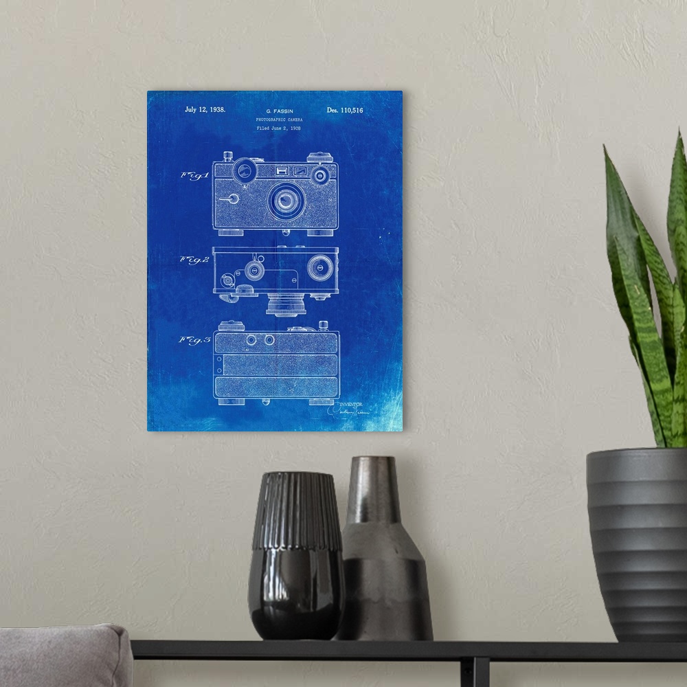 A modern room featuring Faded Blueprint Argus C Camera Patent Poster