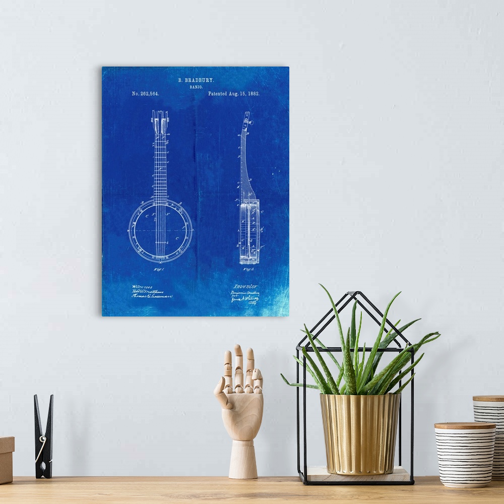 A bohemian room featuring Faded Blueprint Banjo Mandolin Patent Poster