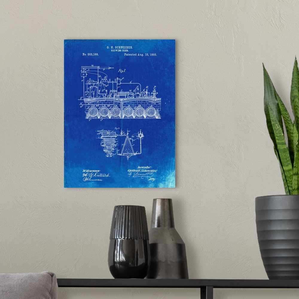 A modern room featuring Faded Blueprint Beer Brewing Science 1893 Patent Poster