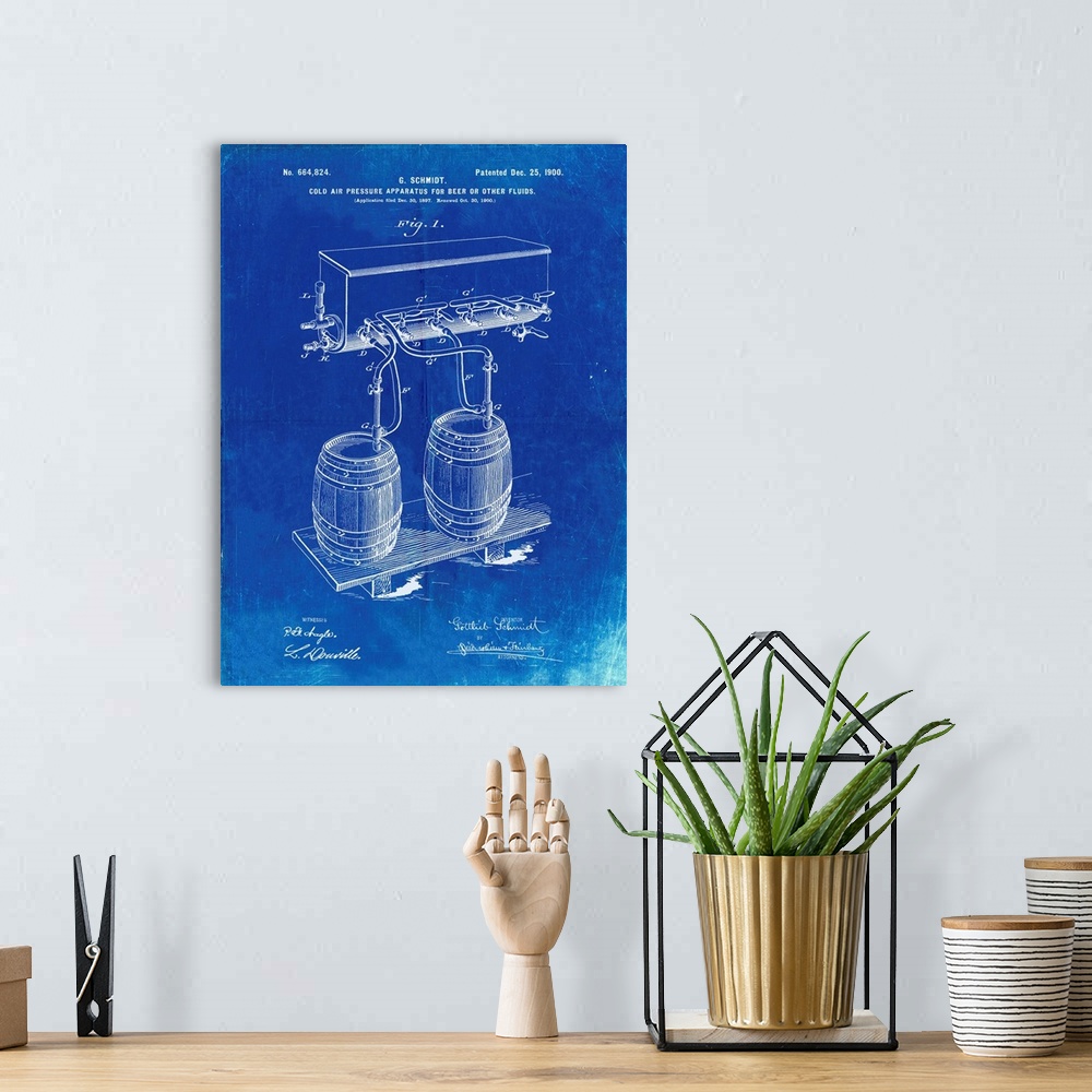 A bohemian room featuring Faded Blueprint Beer Keg Cold Air Pressure Tap Poster