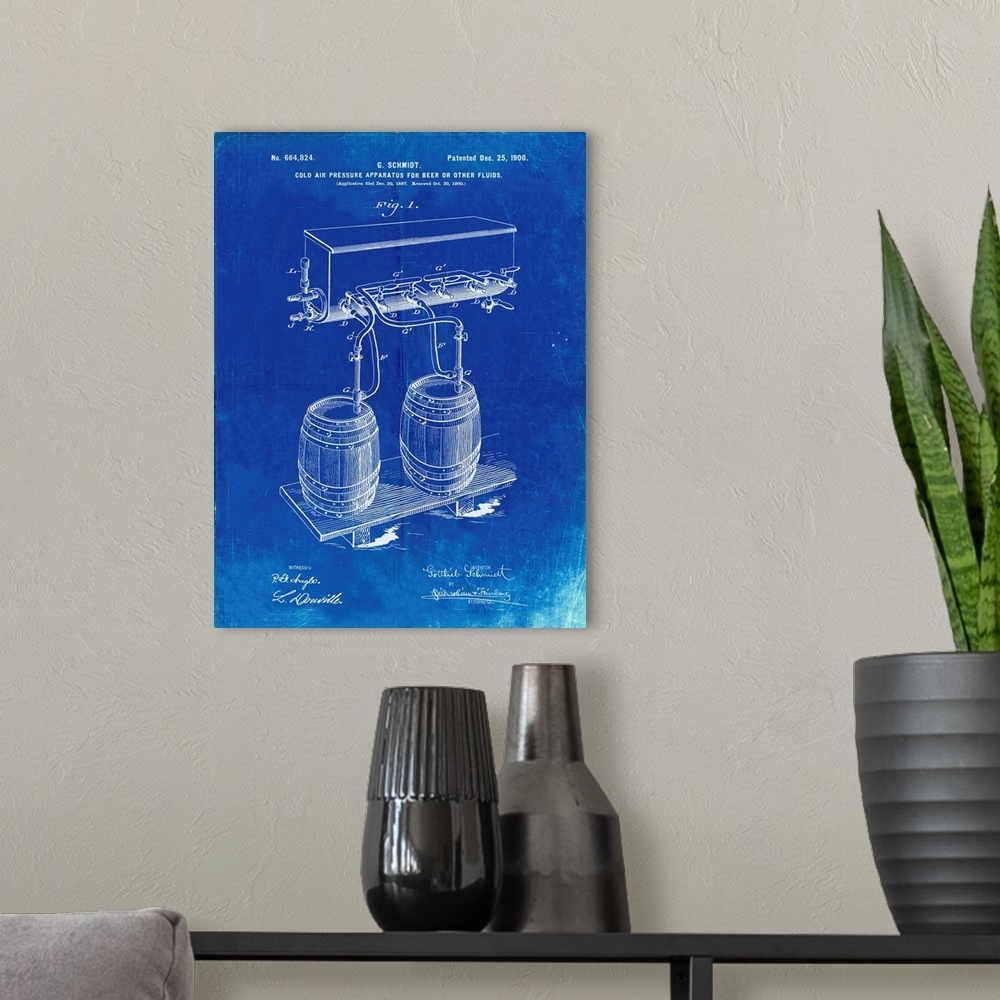 A modern room featuring Faded Blueprint Beer Keg Cold Air Pressure Tap Poster