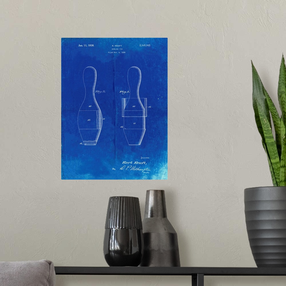 A modern room featuring Faded Blueprint Bowling Pin 1938 Patent Poster