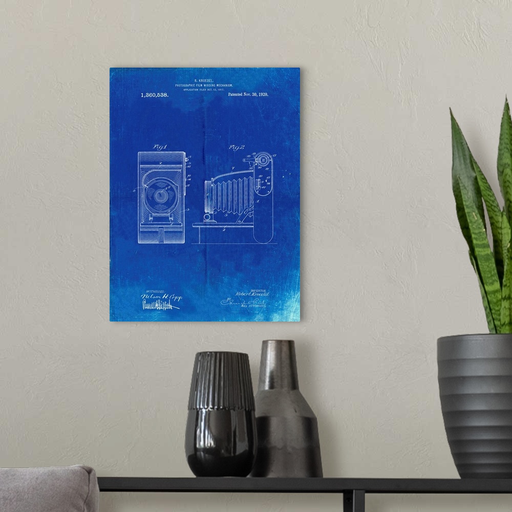 A modern room featuring Faded Blueprint Camera Film Winding Patent Print