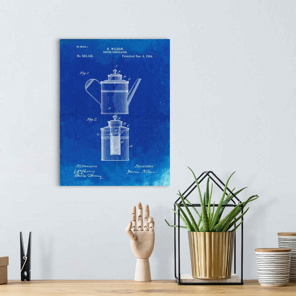A bohemian room featuring Faded Blueprint Coffee 2 Part Percolator 1894 Patent Poster