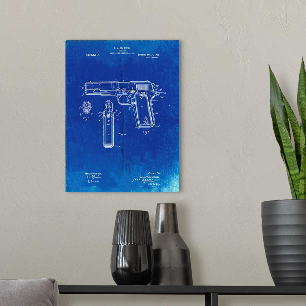 A modern room featuring Faded Blueprint Colt 1911 Semi-Automatic Pistol Patent Poster