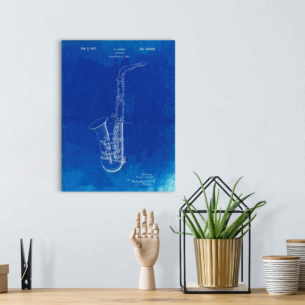 A bohemian room featuring Faded Blueprint Conn A Melody Saxophone Patent Poster