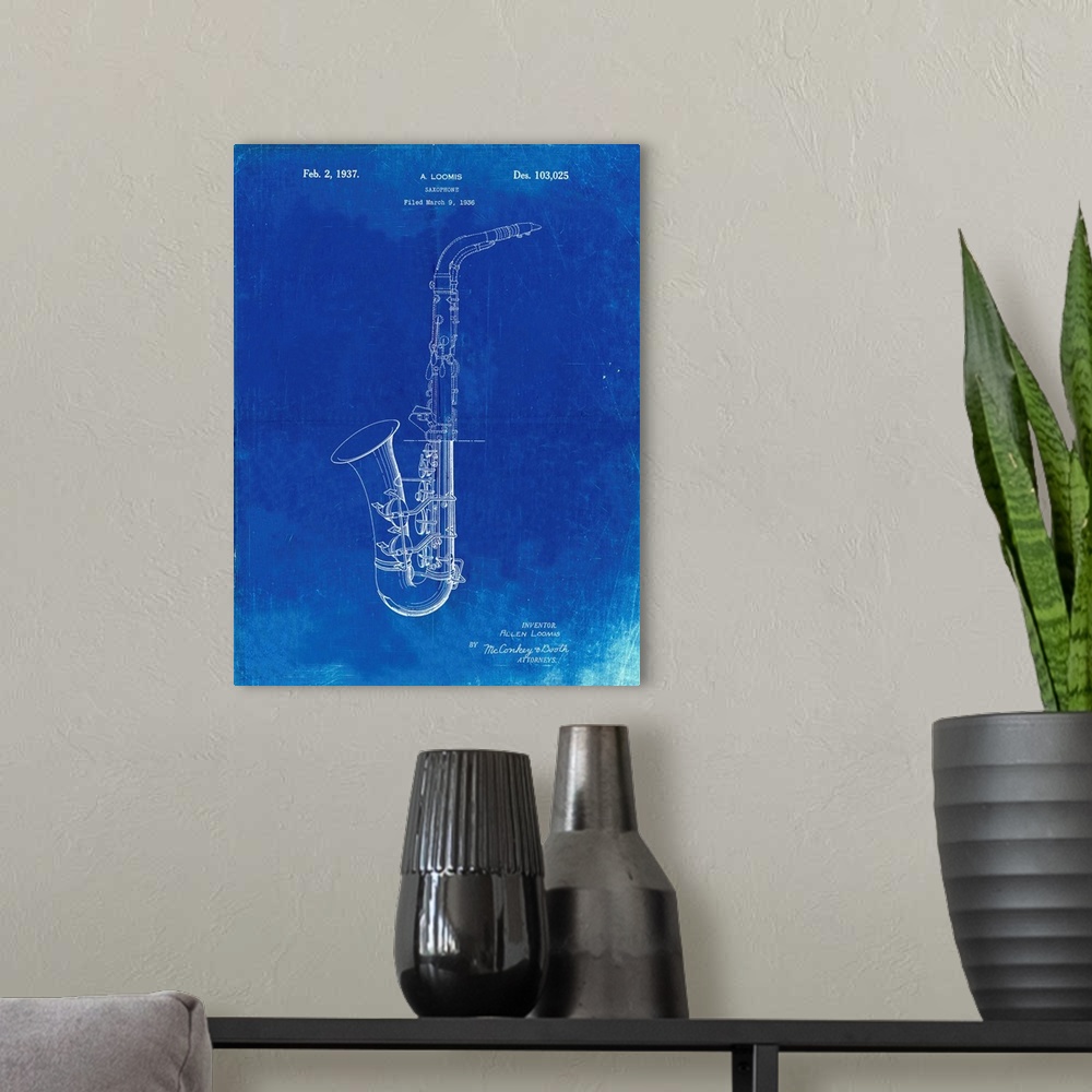 A modern room featuring Faded Blueprint Conn A Melody Saxophone Patent Poster