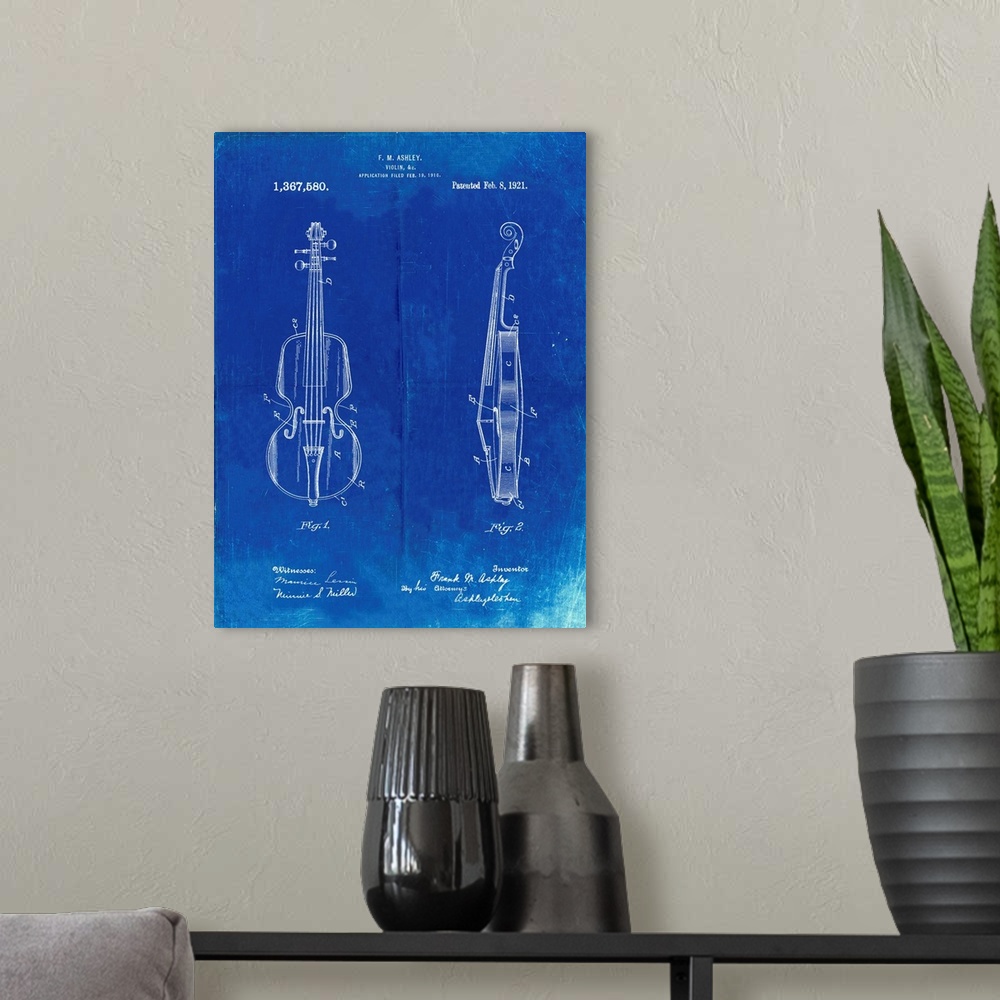 A modern room featuring Faded Blueprint Frank M. Ashley Violin Patent Poster