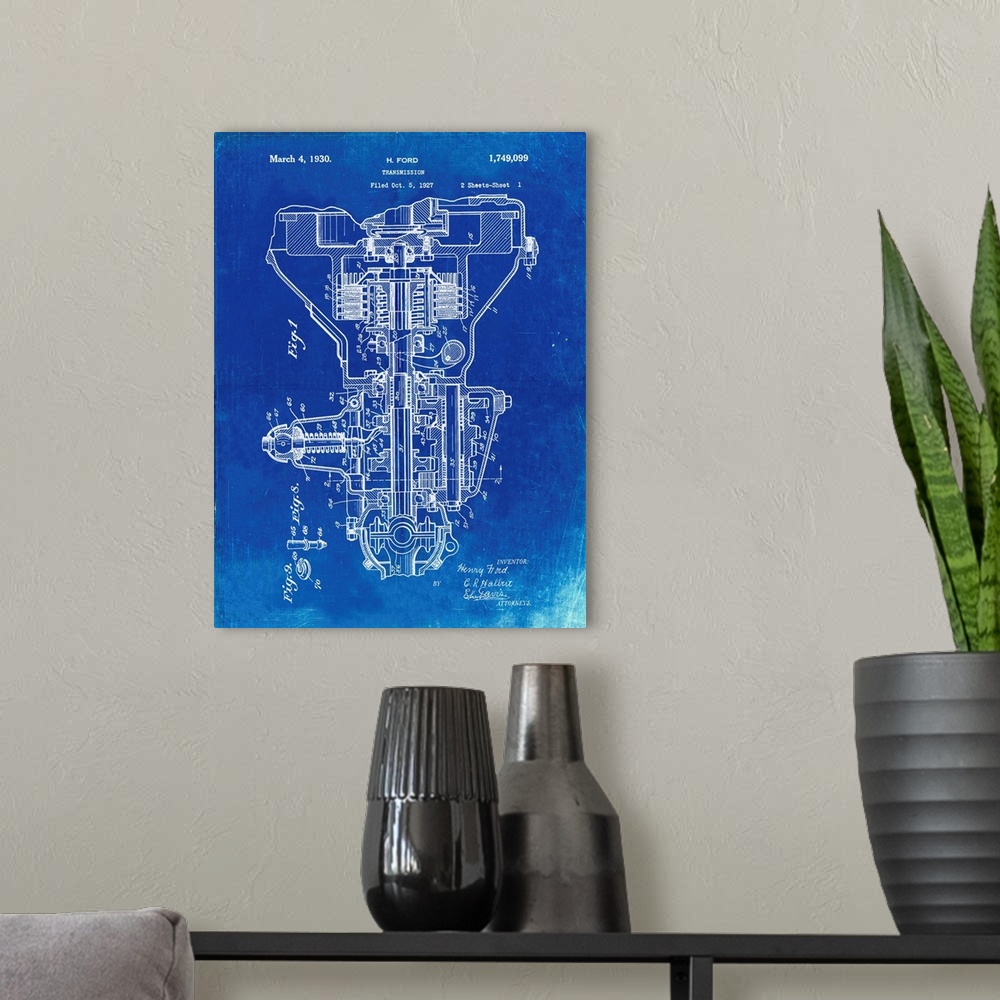 A modern room featuring Faded Blueprint Henry Ford Transmission Patent Poster