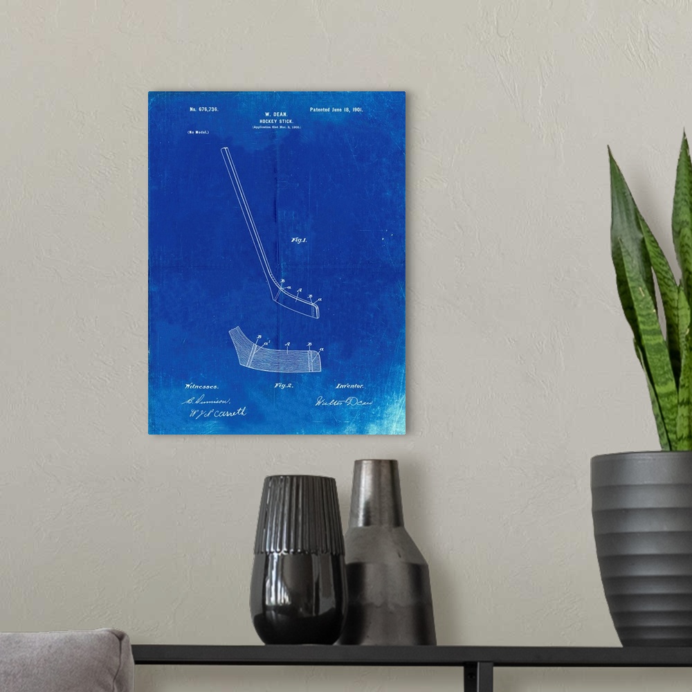 A modern room featuring Faded Blueprint Hockey Stick Patent Poster