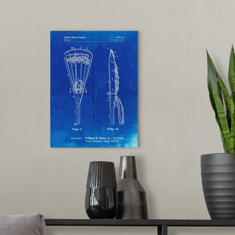 A modern room featuring Faded Blueprint Lacrosse Stick 1936 Patent Poster