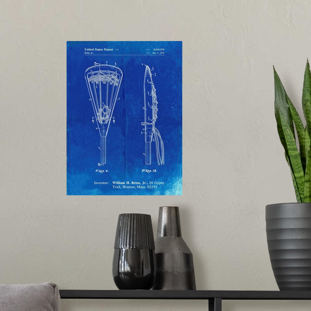 A modern room featuring Faded Blueprint Lacrosse Stick 1936 Patent Poster