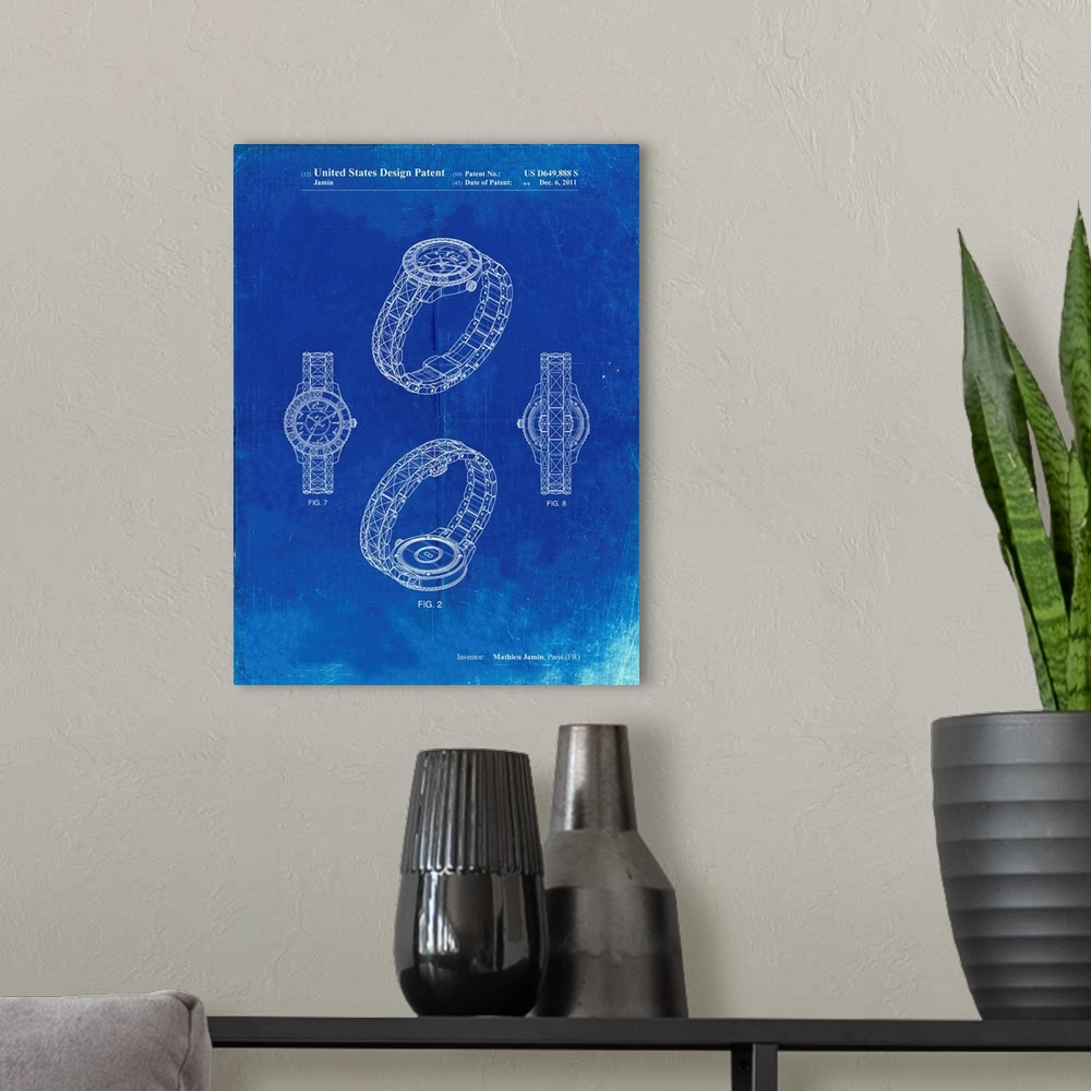 A modern room featuring Faded Blueprint Luxury Watch Patent Poster