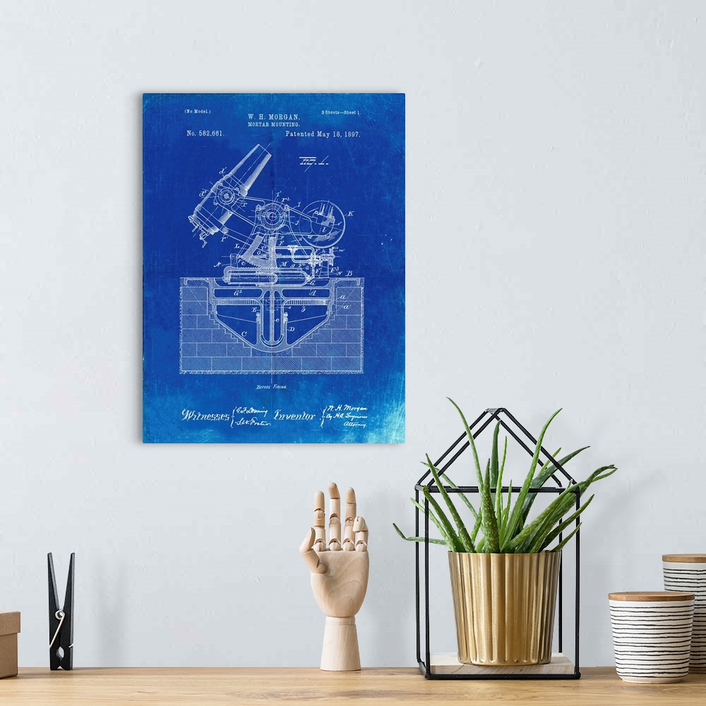 A bohemian room featuring Faded Blueprint Military Mortar Launcher Patent Poster