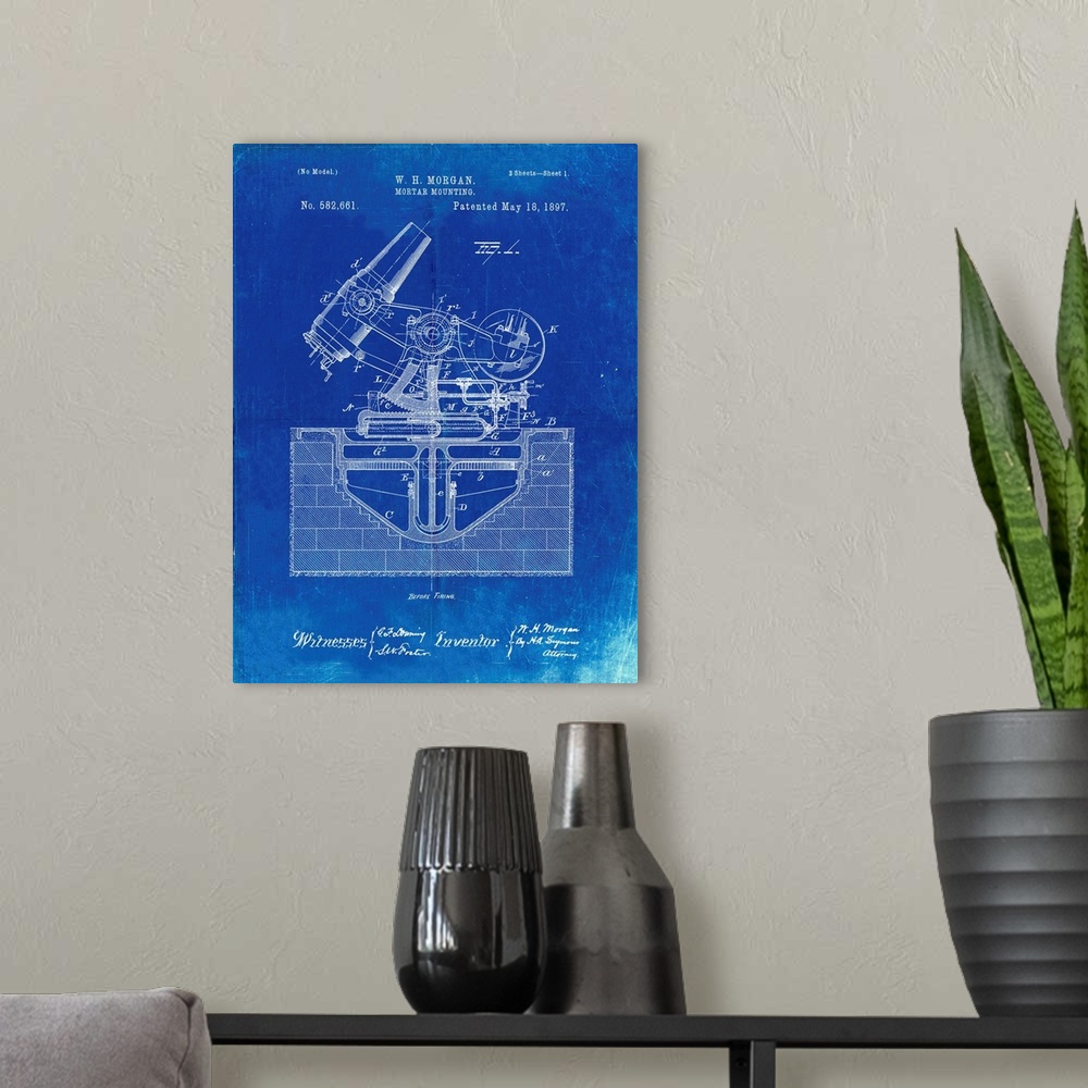 A modern room featuring Faded Blueprint Military Mortar Launcher Patent Poster
