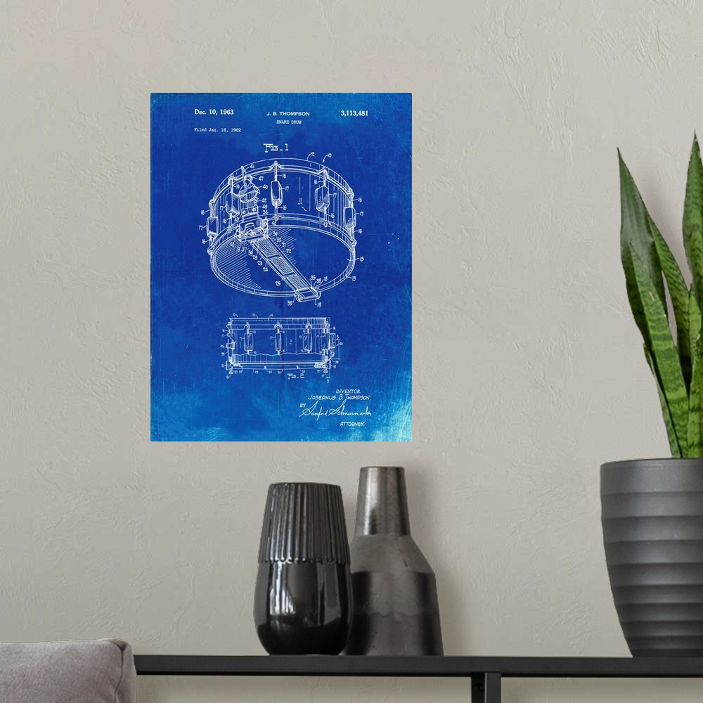 A modern room featuring Faded Blueprint Rogers Snare Drum Patent Poster