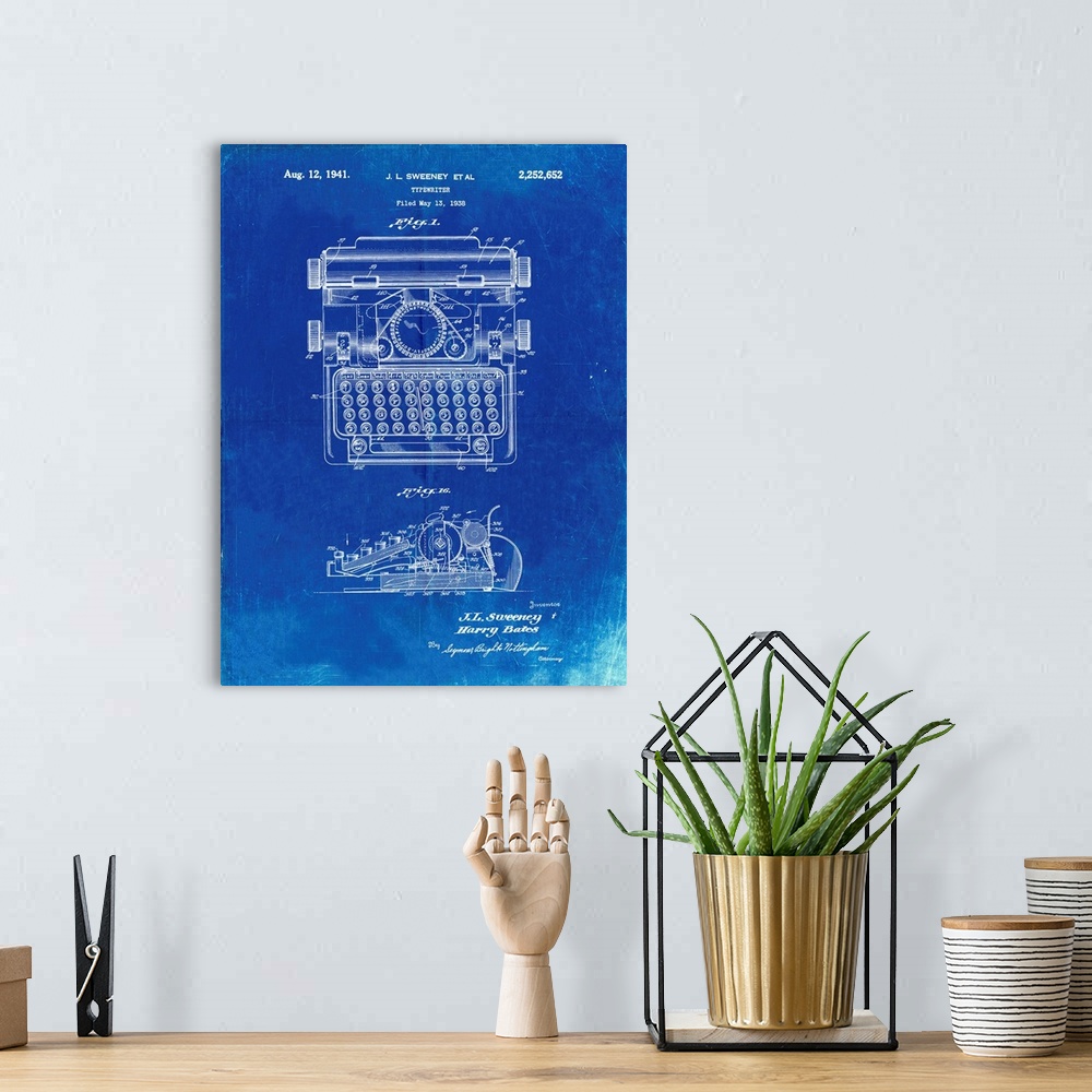 A bohemian room featuring Faded Blueprint School Typewriter Patent Poster