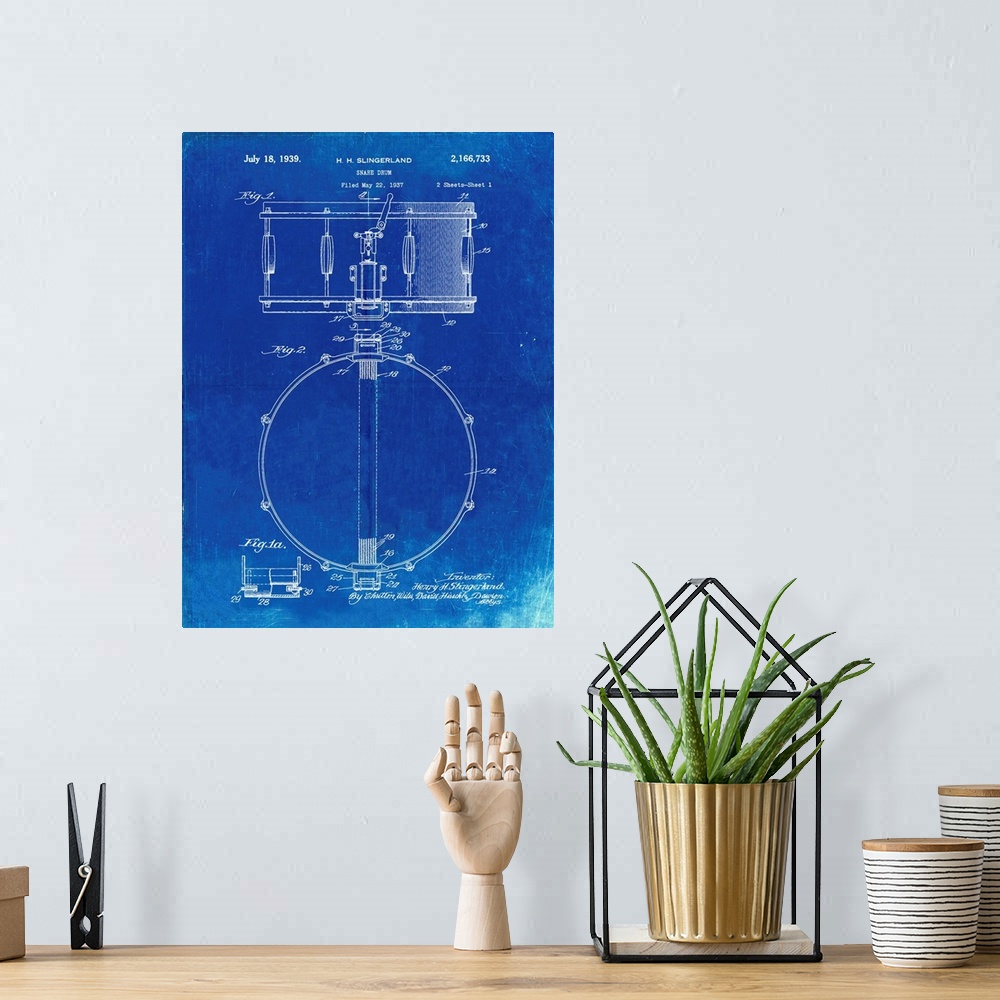 A bohemian room featuring Faded Blueprint Slingerland Snare Drum Patent Poster