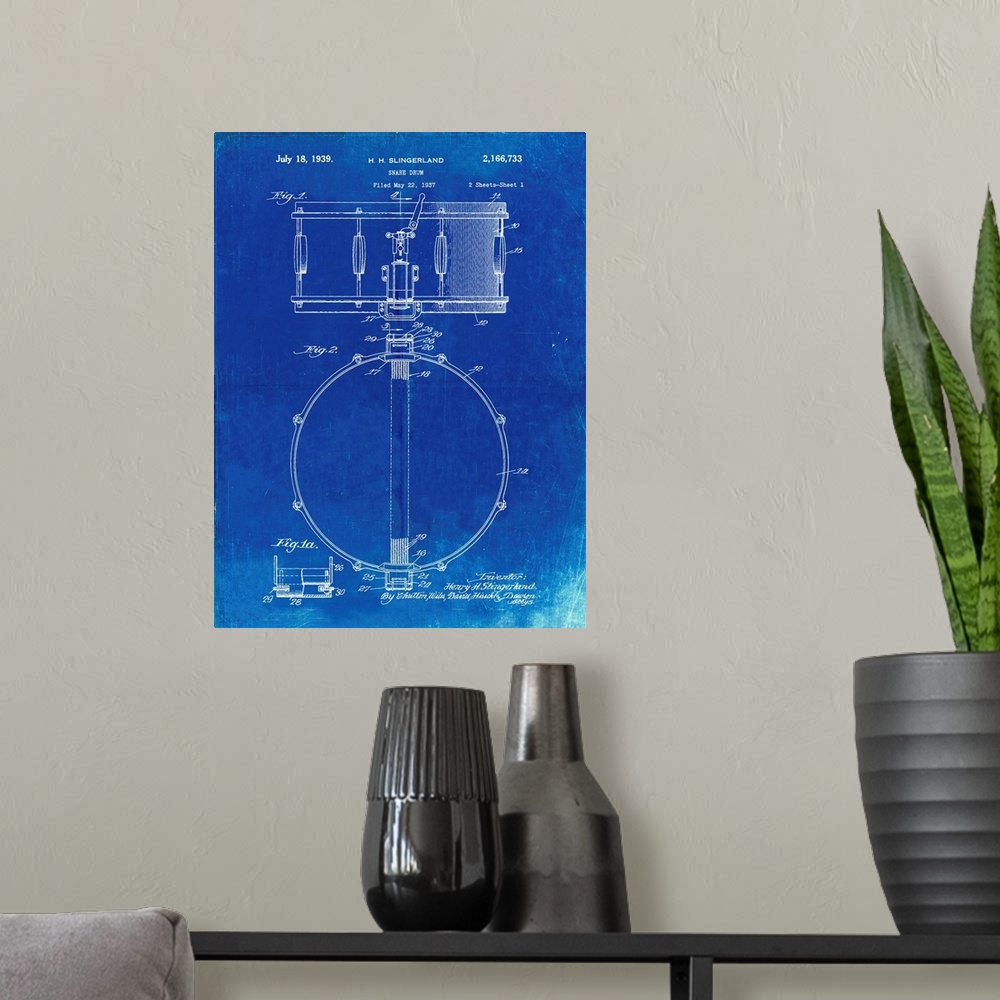A modern room featuring Faded Blueprint Slingerland Snare Drum Patent Poster