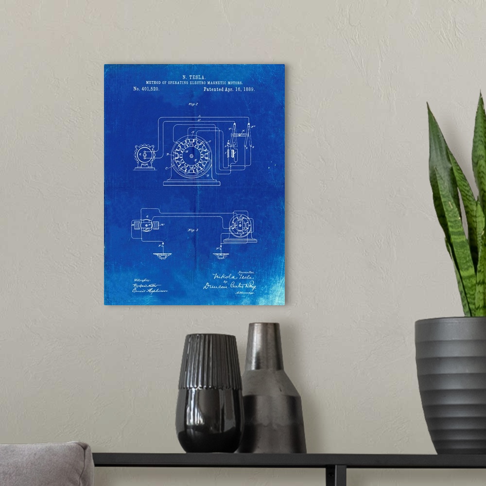 A modern room featuring Faded Blueprint Tesla Operating Electric Motors Map Poster