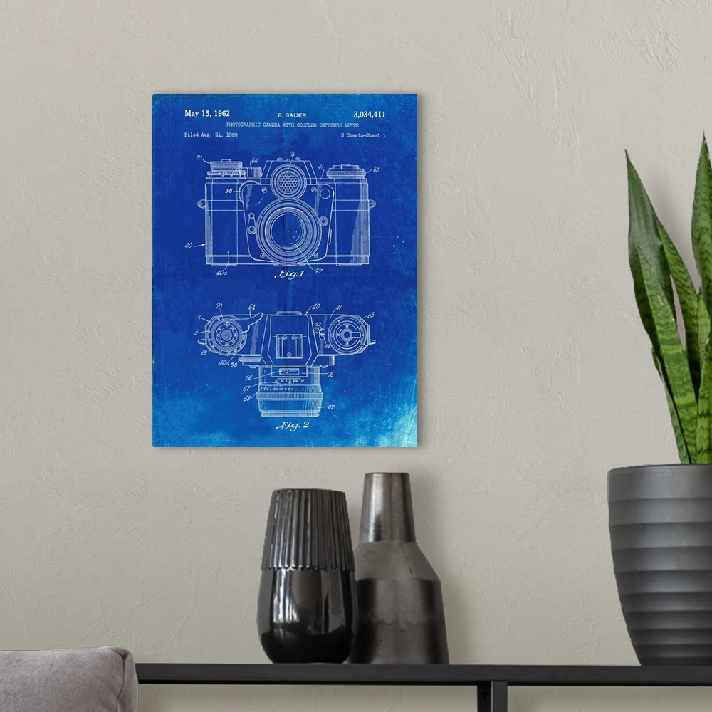 A modern room featuring Faded Blueprint Zeiss Ikon Contarex Camera Patent Poster