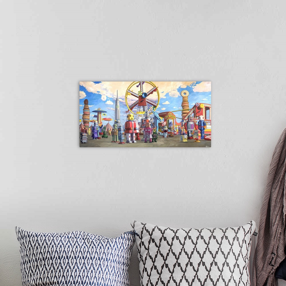 A bohemian room featuring A contemporary painting of retro toy robots enjoying a day a theme park.