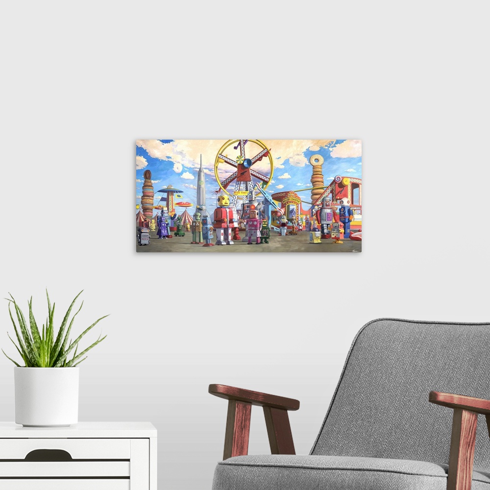 A modern room featuring A contemporary painting of retro toy robots enjoying a day a theme park.