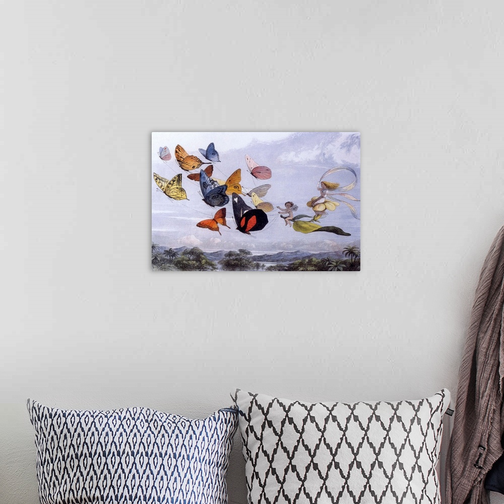 A bohemian room featuring A vintage illustration of a fairies flying with colorful butterflies.