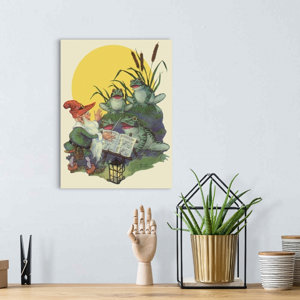 A bohemian room featuring A vintage illustration of a gnome with a red hat singing with some frogs.
