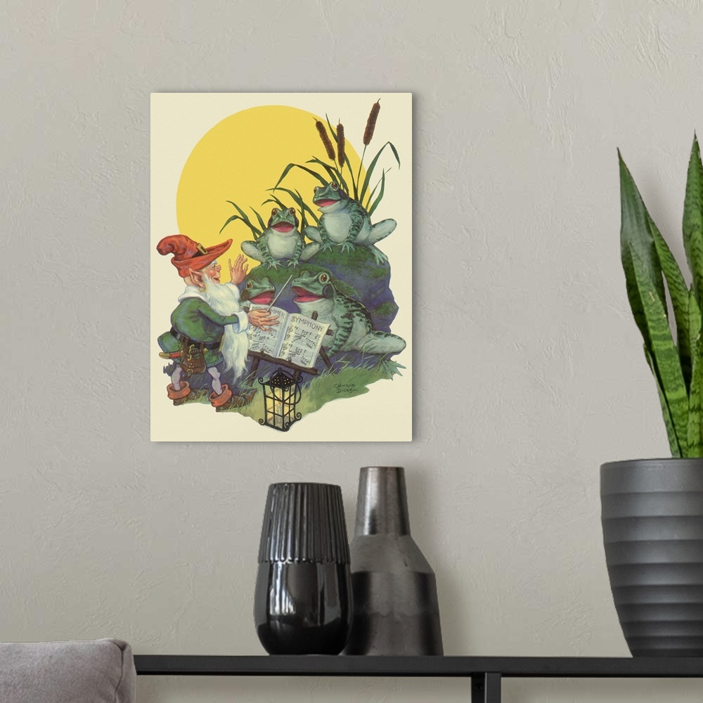 A modern room featuring A vintage illustration of a gnome with a red hat singing with some frogs.