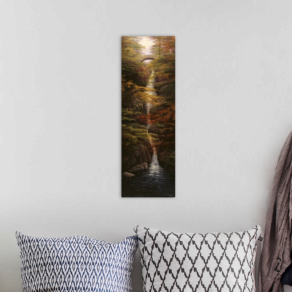 A bohemian room featuring Contemporary artwork of a long waterfall in autumn woods.