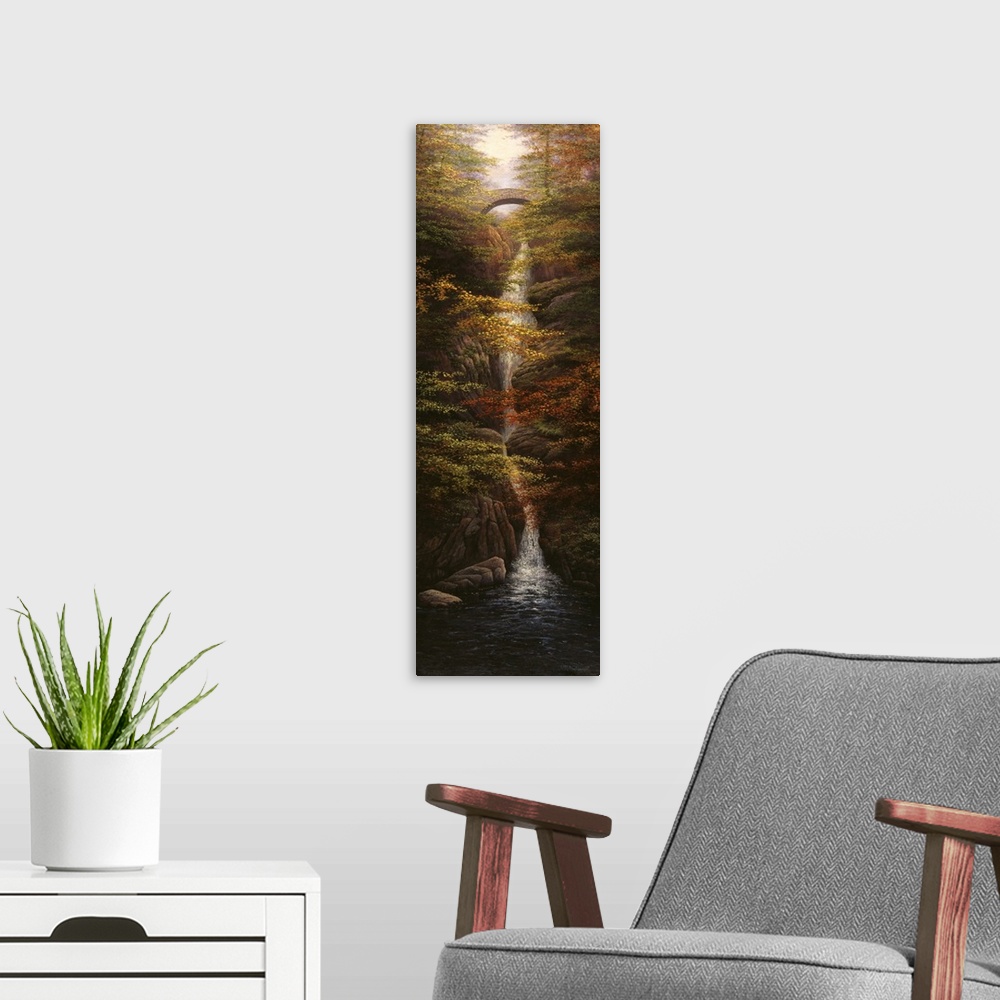 A modern room featuring Contemporary artwork of a long waterfall in autumn woods.