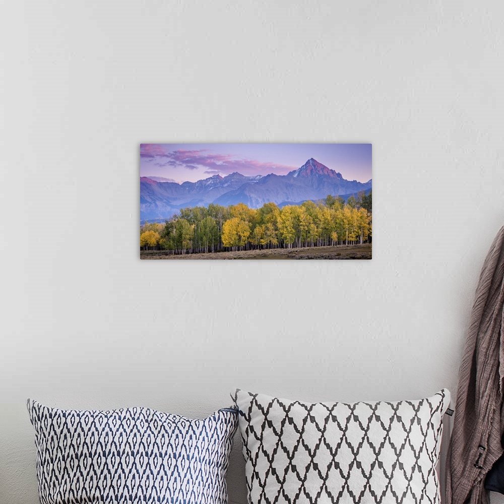 A bohemian room featuring A photograph of purple mountains seen in the distance with a forest in autumn foliage in the fore...