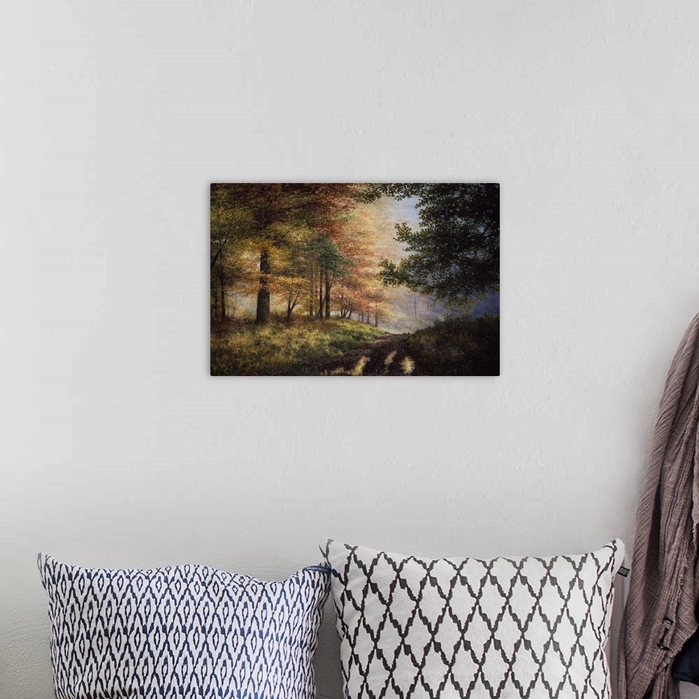 A bohemian room featuring Contemporary artwork of a path in an autumn forest.