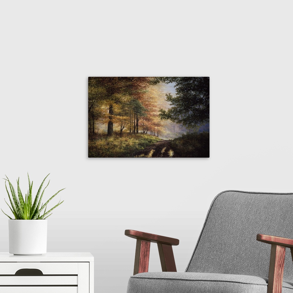 A modern room featuring Contemporary artwork of a path in an autumn forest.