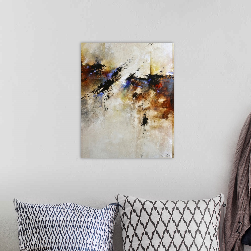 A bohemian room featuring Contemporary abstract painting in beige, blue, black, and amber.