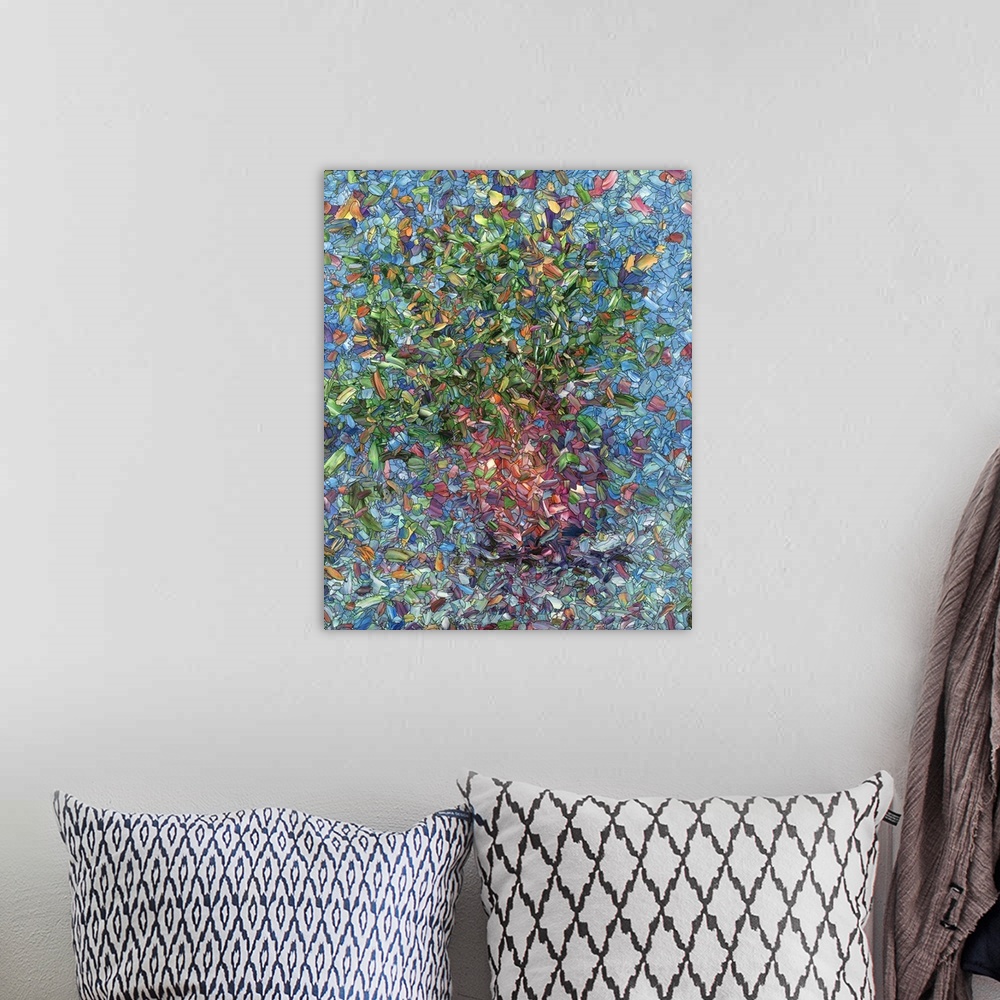 A bohemian room featuring Contemporary painting of a vase of flowers starting to tip over.
