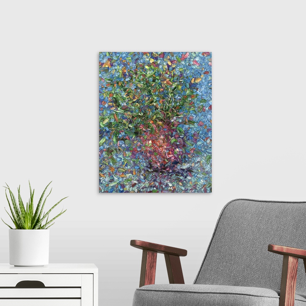 A modern room featuring Contemporary painting of a vase of flowers starting to tip over.