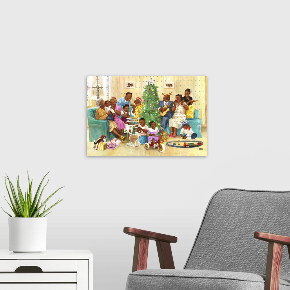 A modern room featuring An African American family celebrating Christmas morning around a tree with toys and music.