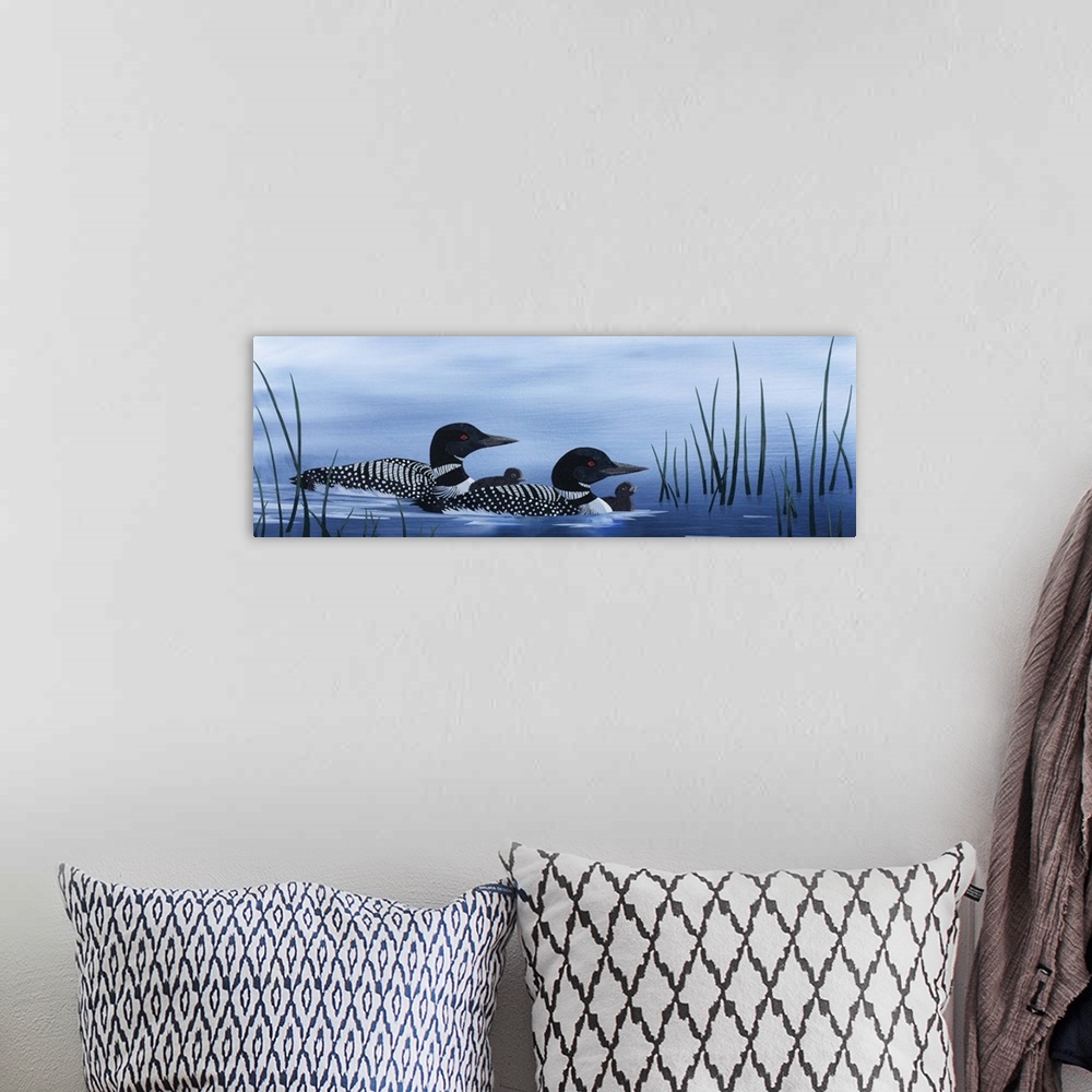 A bohemian room featuring Painting of a loon family floating along in the water.