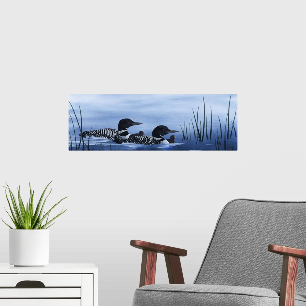A modern room featuring Painting of a loon family floating along in the water.